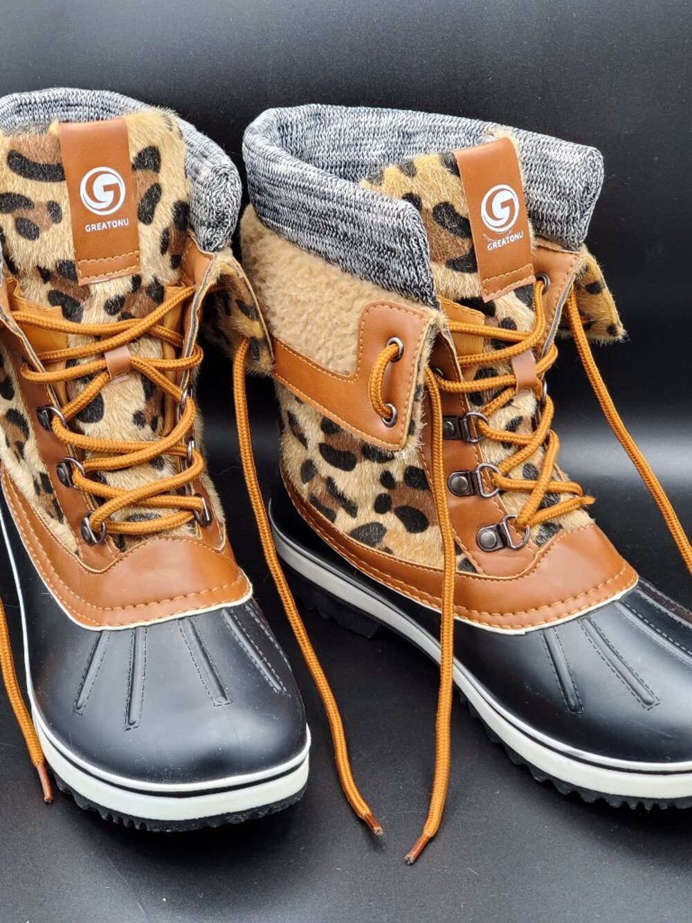 Greatonu Leopard Print Duck Rain Boots, Size 8